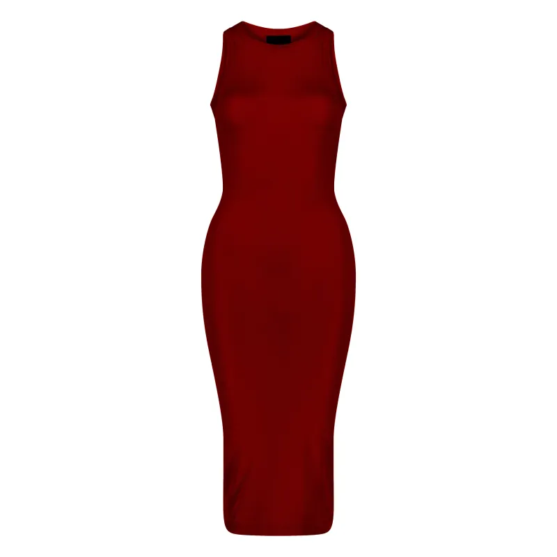 ÚCHÈ Semi-Sheer Midi Dress - Maroon sold by Bonvion