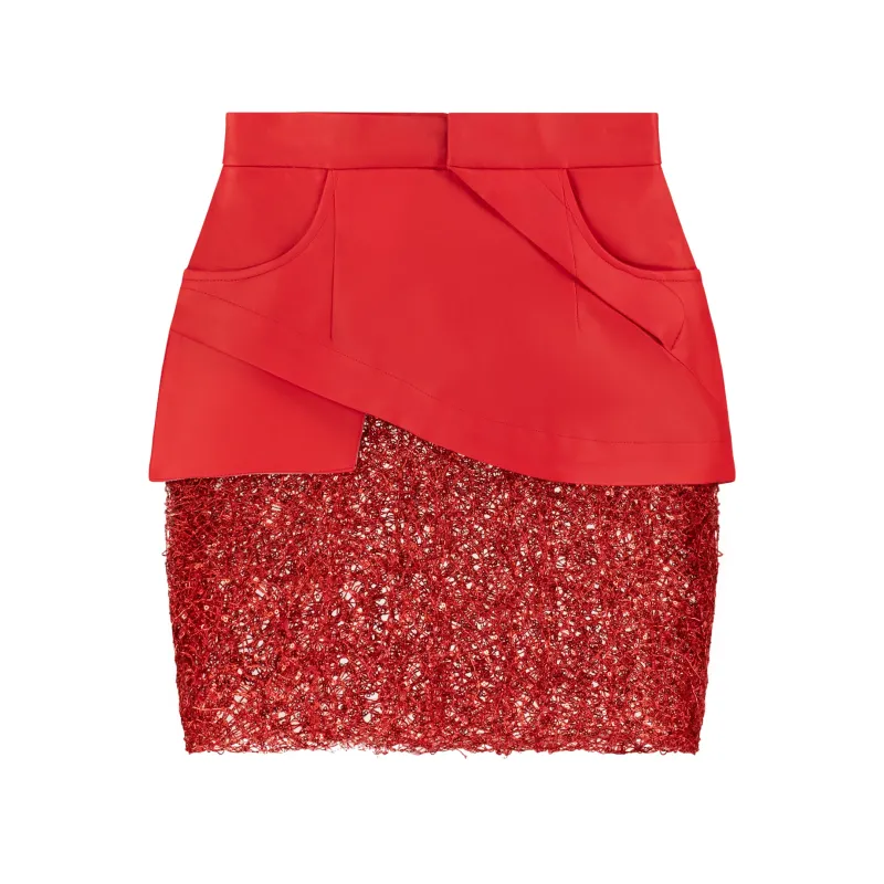 ÚCHÈ Vegan Leather Mini Skirt with Lace - Red sold by Bonvion