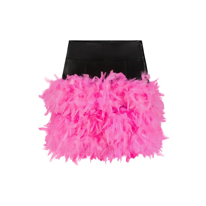 ÚCHÈ Vegan Leather Mini Skirt with Feather - Black/Pink sold by Bonvion