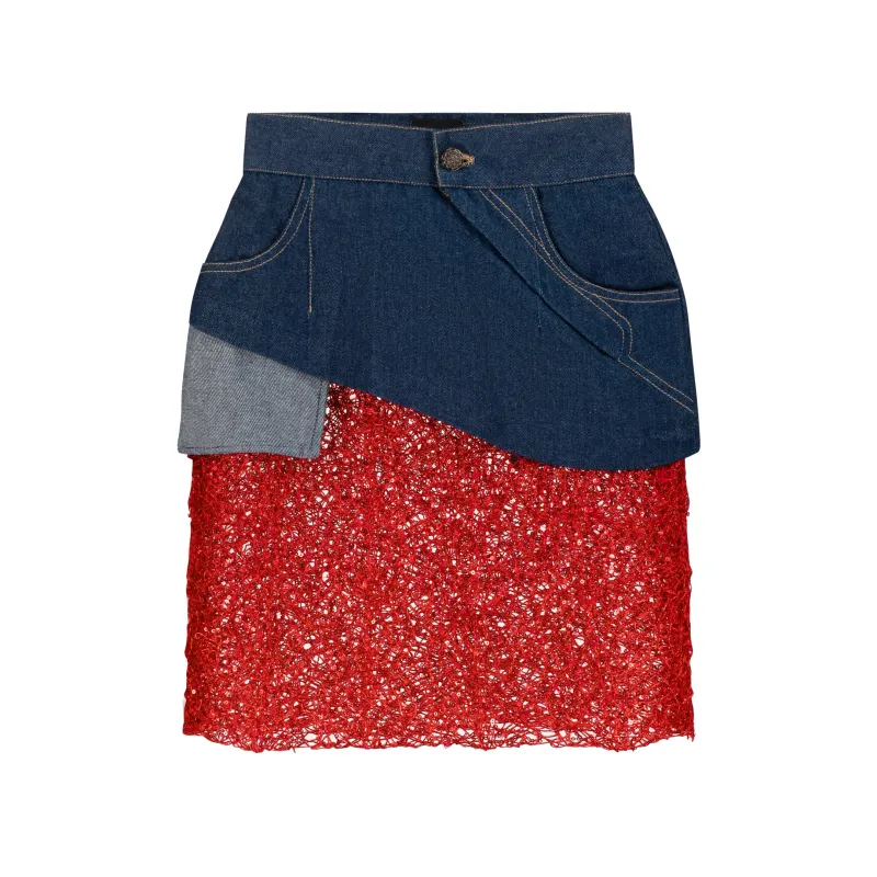 ÚCHÈ Denim Mini Skirt with Lace - Blue/Red sold by Bonvion