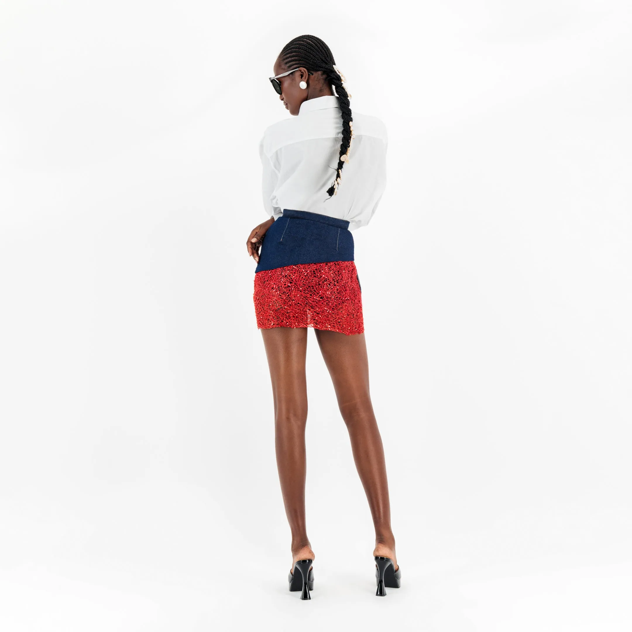 ÚCHÈ Denim Mini Skirt with Lace - Blue/Red sold by Bonvion product image thumbnail 5