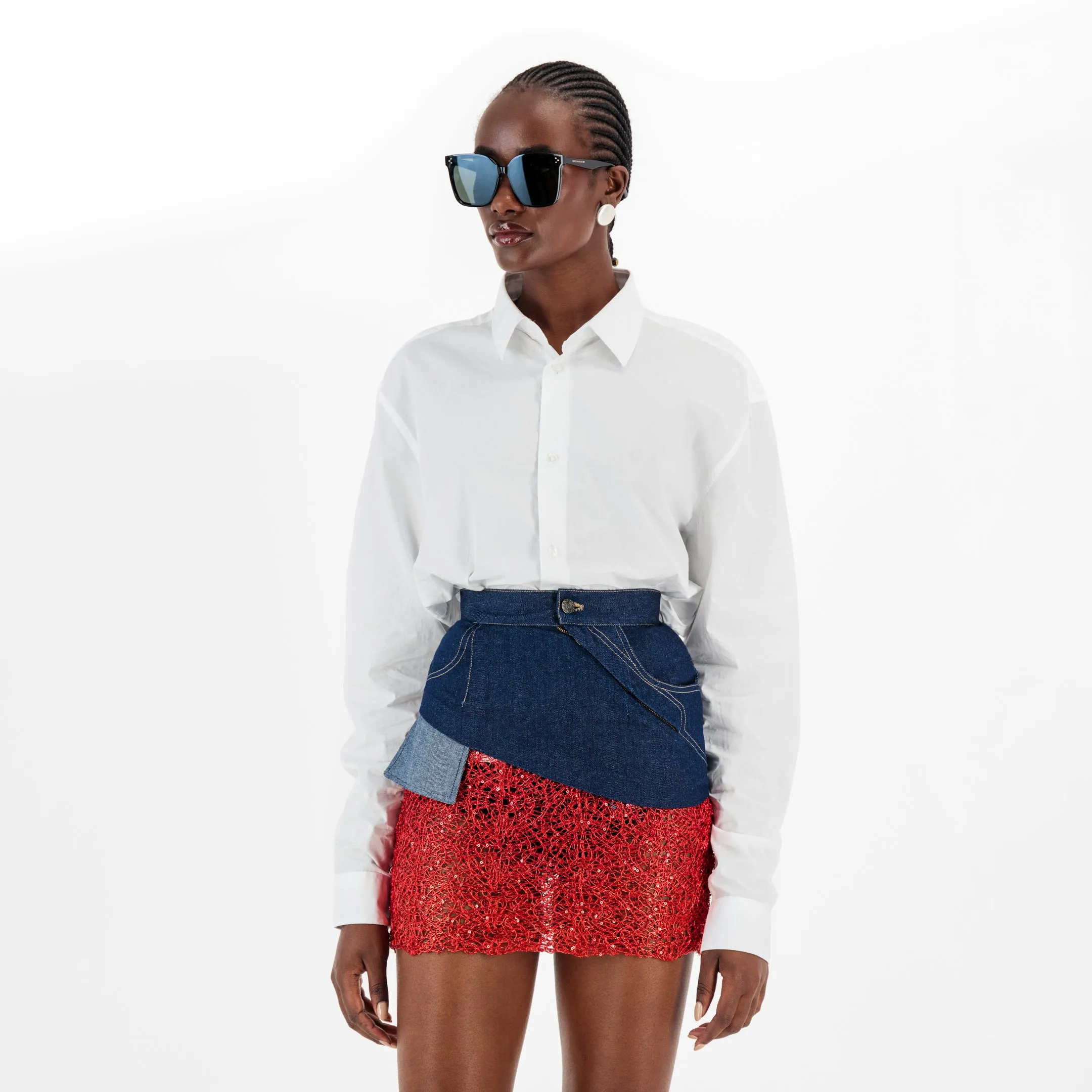 ÚCHÈ Denim Mini Skirt with Lace - Blue/Red sold by Bonvion product image thumbnail 3