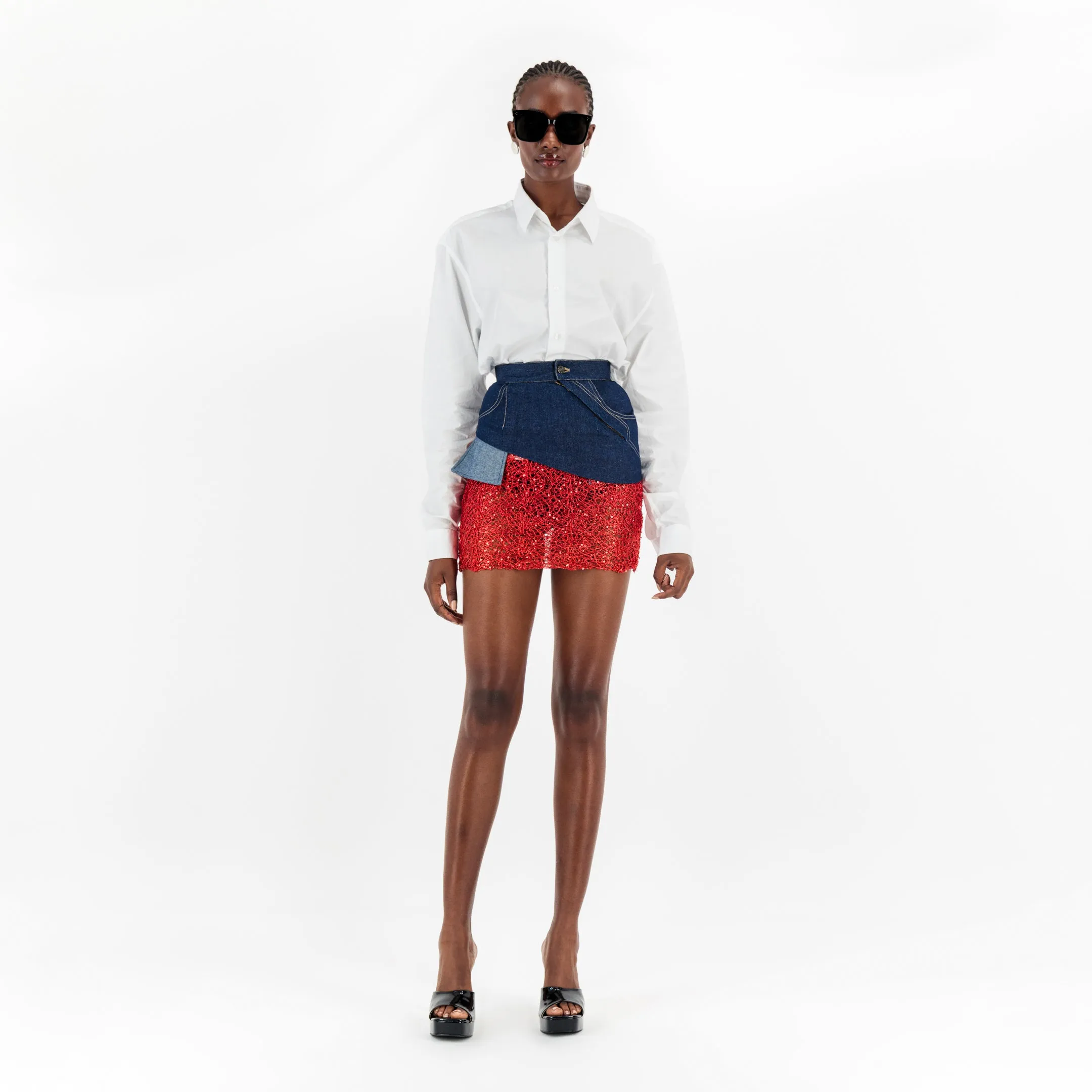 ÚCHÈ Denim Mini Skirt with Lace - Blue/Red sold by Bonvion product image thumbnail 2
