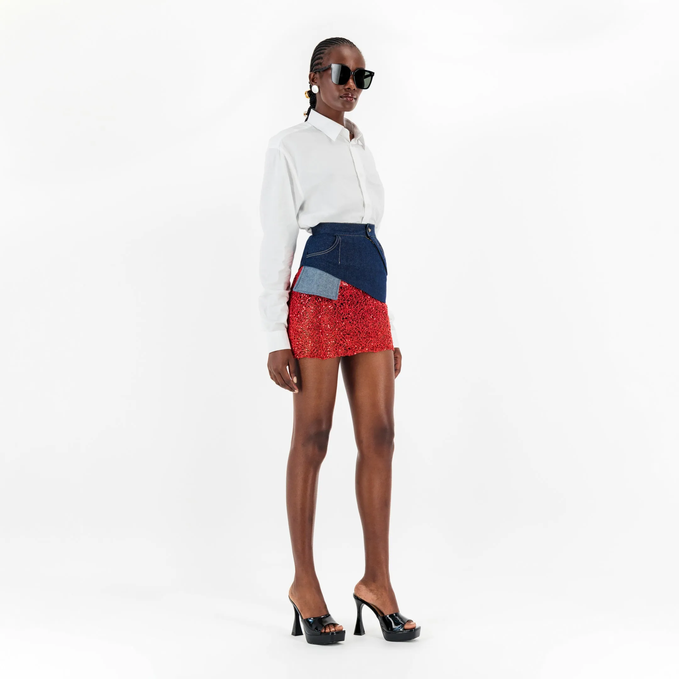ÚCHÈ Denim Mini Skirt with Lace - Blue/Red sold by Bonvion product image thumbnail 4