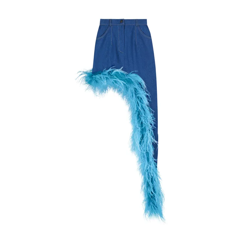 ÚCHÈ Denim Asymmetrical Ostrich Feather Trim Skirt - Blue sold by Bonvion