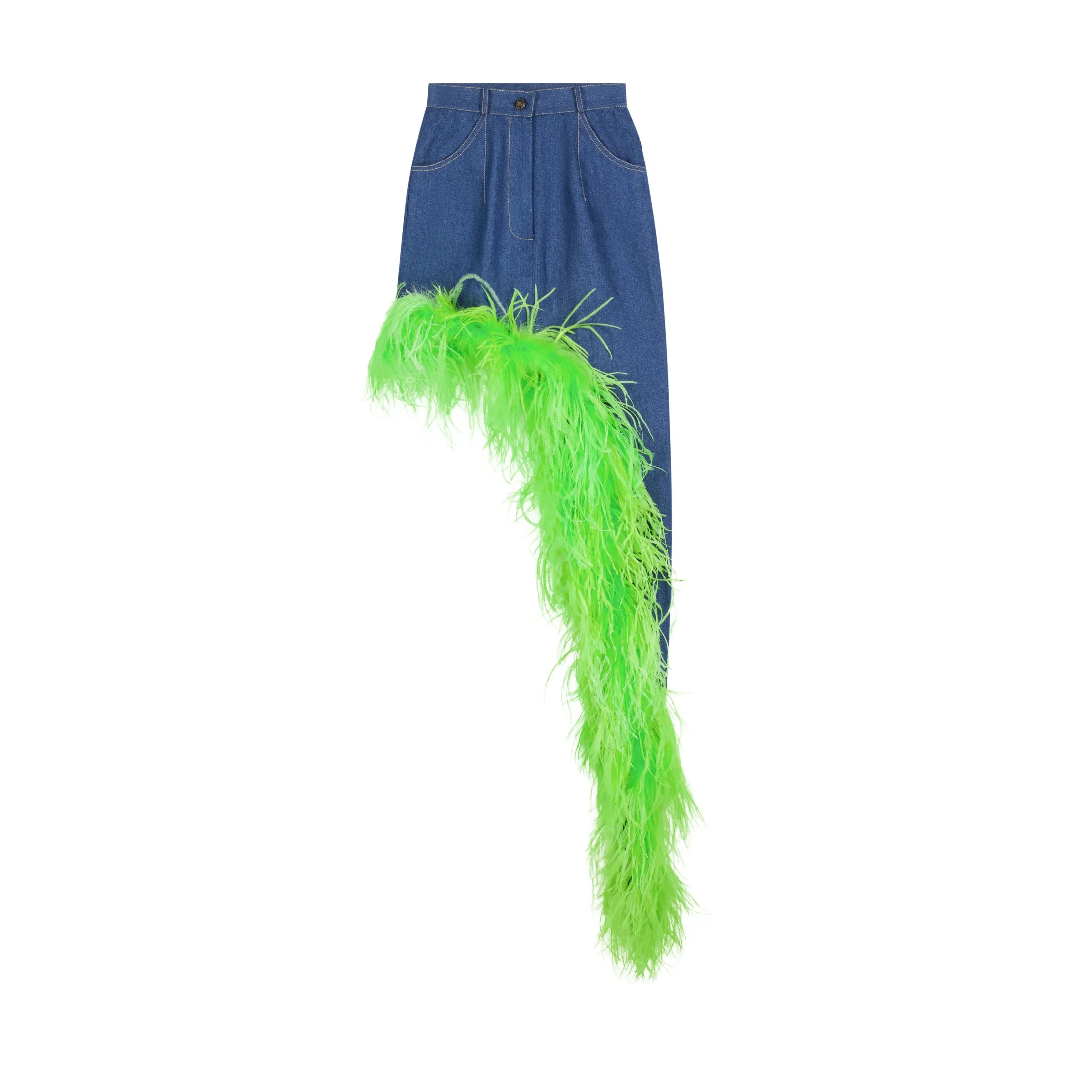 ÚCHÈ Denim Asymmetrical Ostrich Feather Trim Skirt - Blue/Green sold by Bonvion