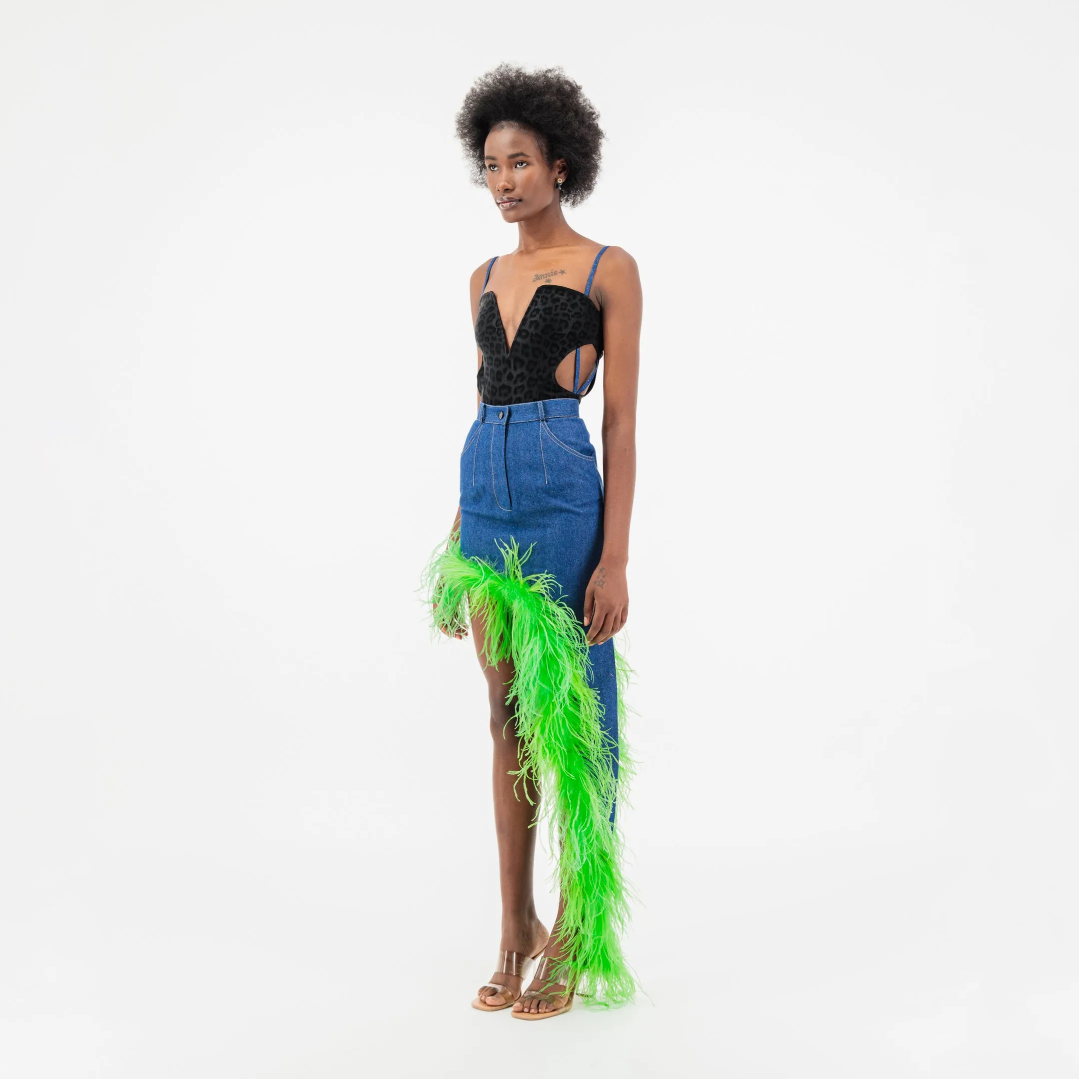 ÚCHÈ Denim Asymmetrical Ostrich Feather Trim Skirt - Blue/Green sold by Bonvion product image thumbnail 2