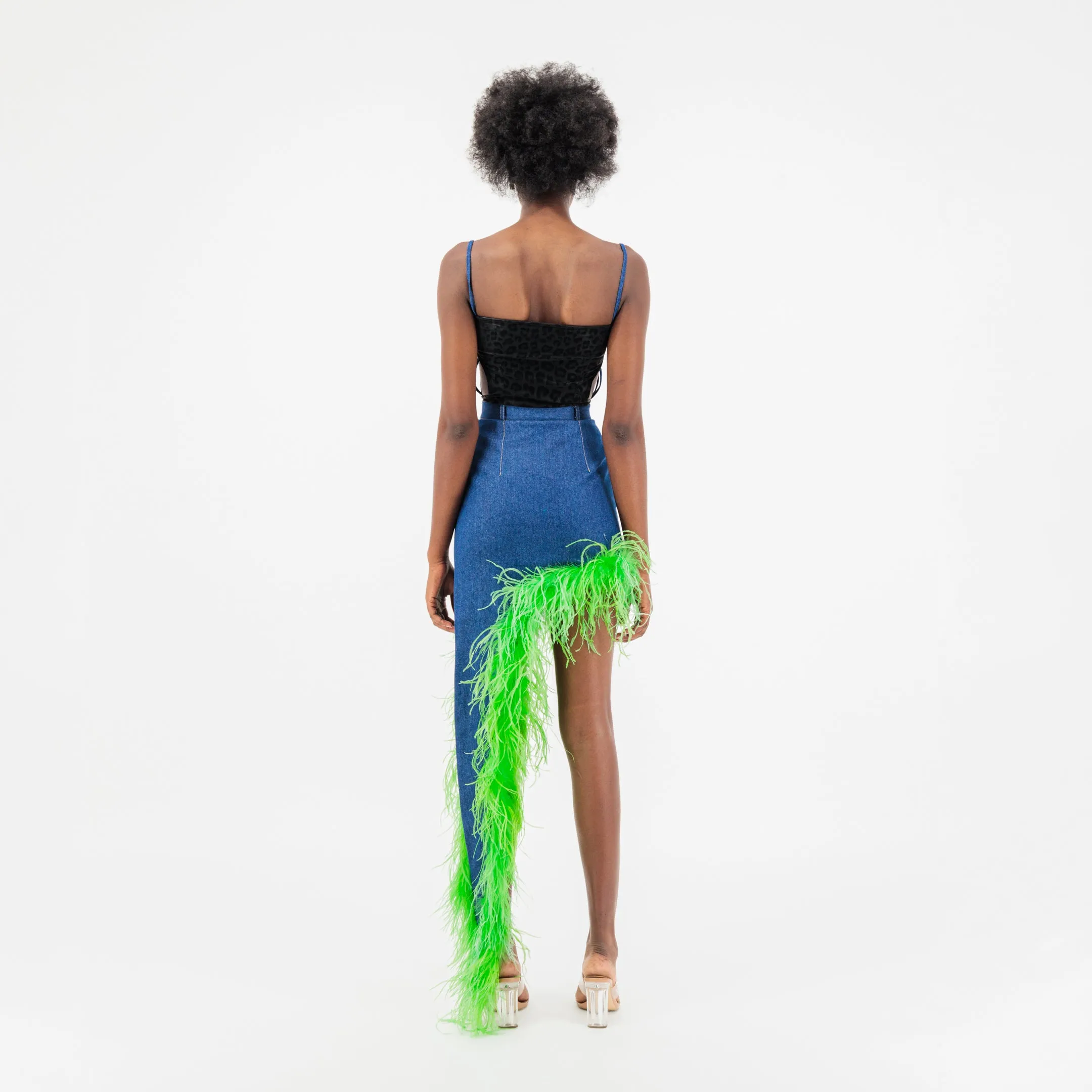 ÚCHÈ Denim Asymmetrical Ostrich Feather Trim Skirt - Blue/Green sold by Bonvion product image thumbnail 3