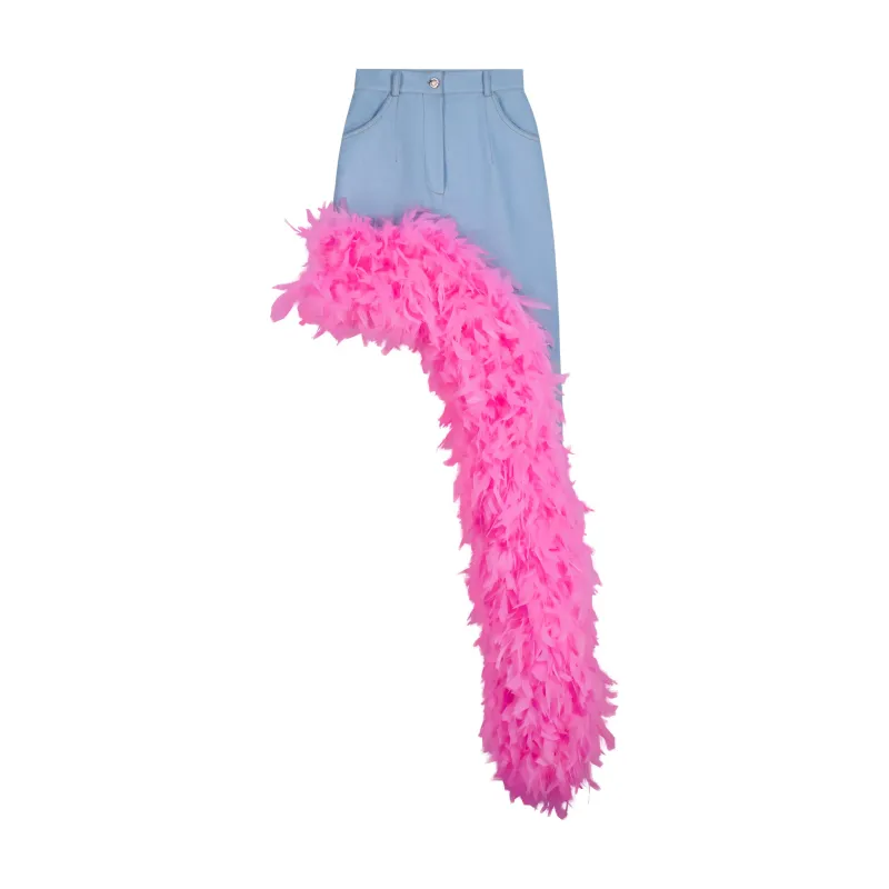 ÚCHÈ Washed Denim Asymmetrical Feather Trim Skirt - Blue/Pink sold by Bonvion