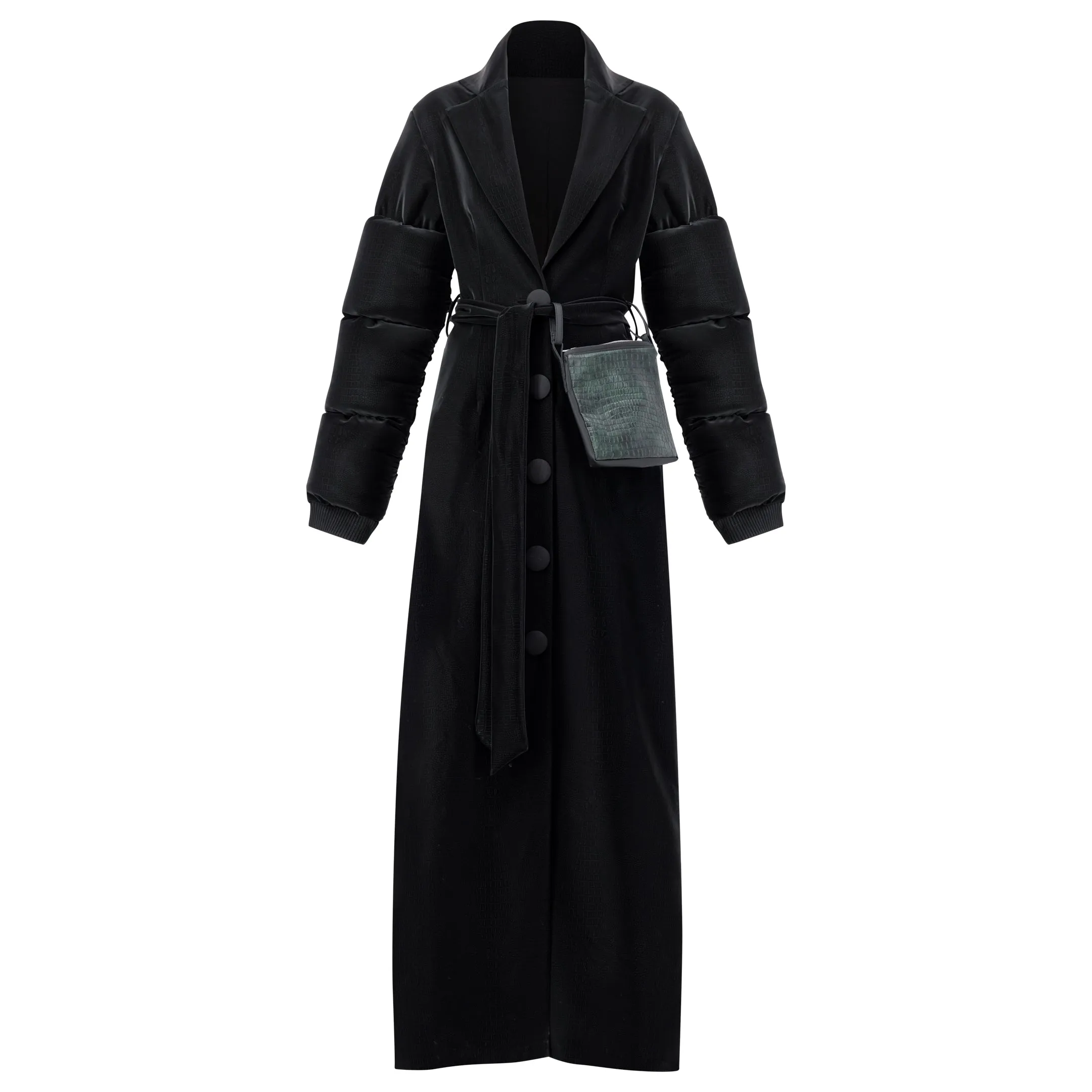 ÚCHÈ Belted Green Bag Trench Coat - Black sold by Bonvion