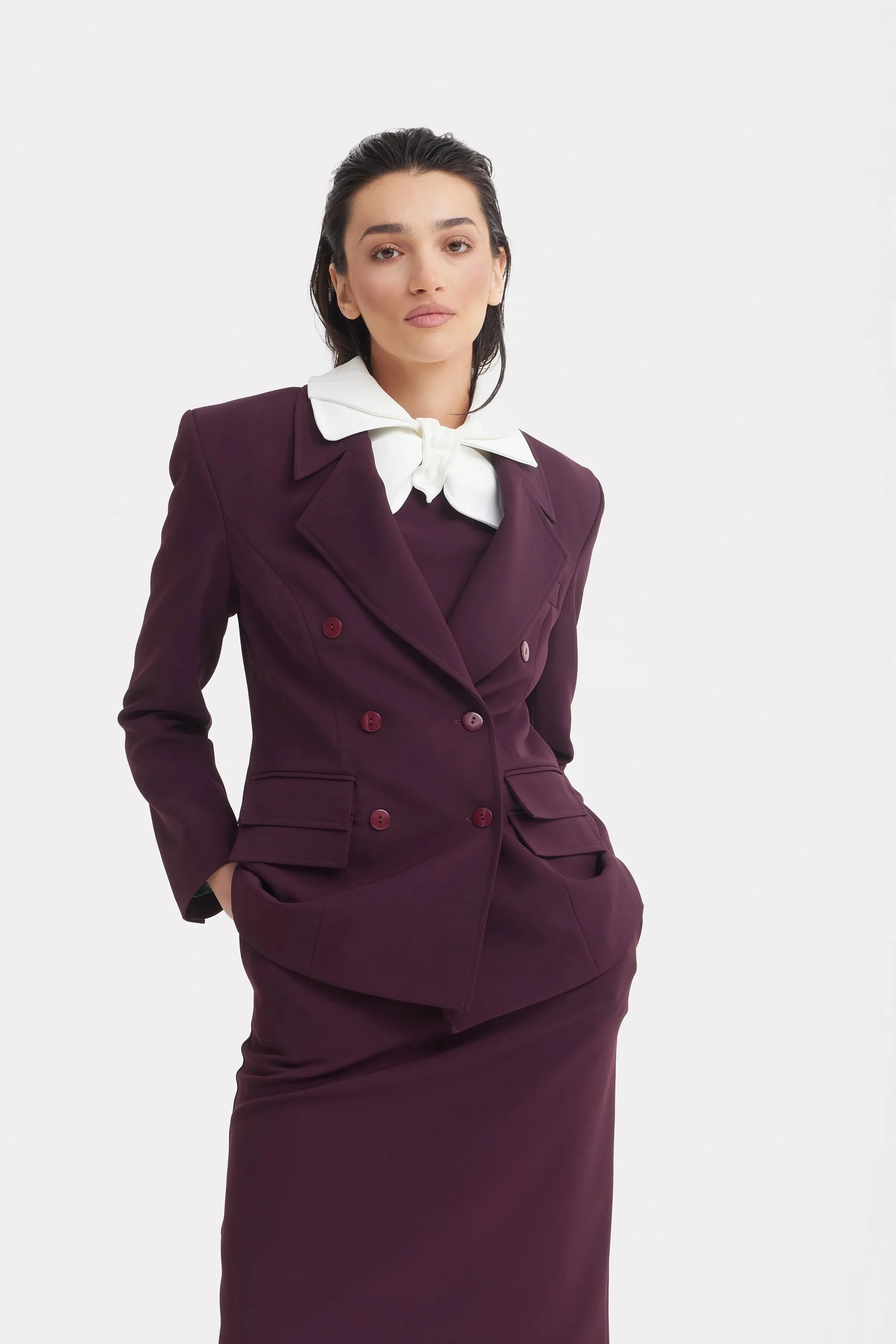 JULIA ALLERT Classic Tailored Double-Breasted Blazer - Wine sold by Bonvion product image thumbnail 3