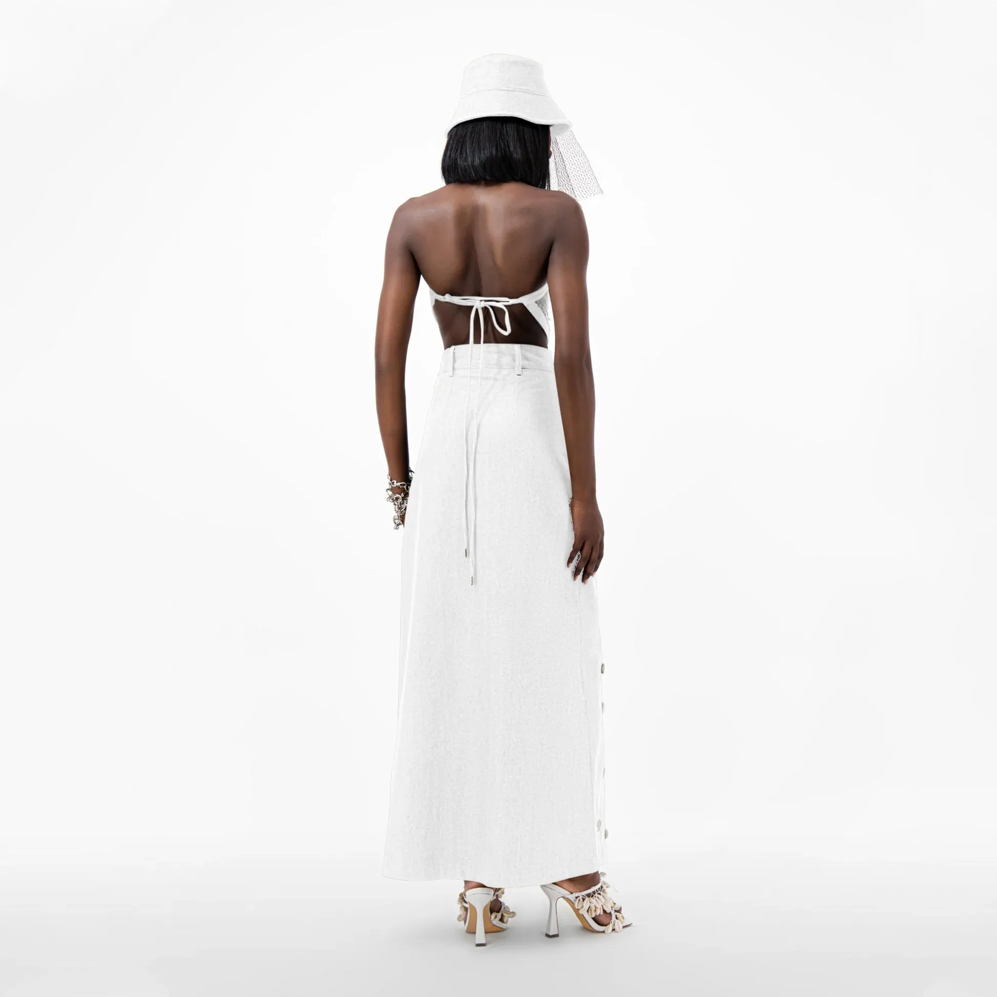 ÚCHÈ Sequin Denim Detail Crop Top - White sold by Bonvion product image thumbnail 3