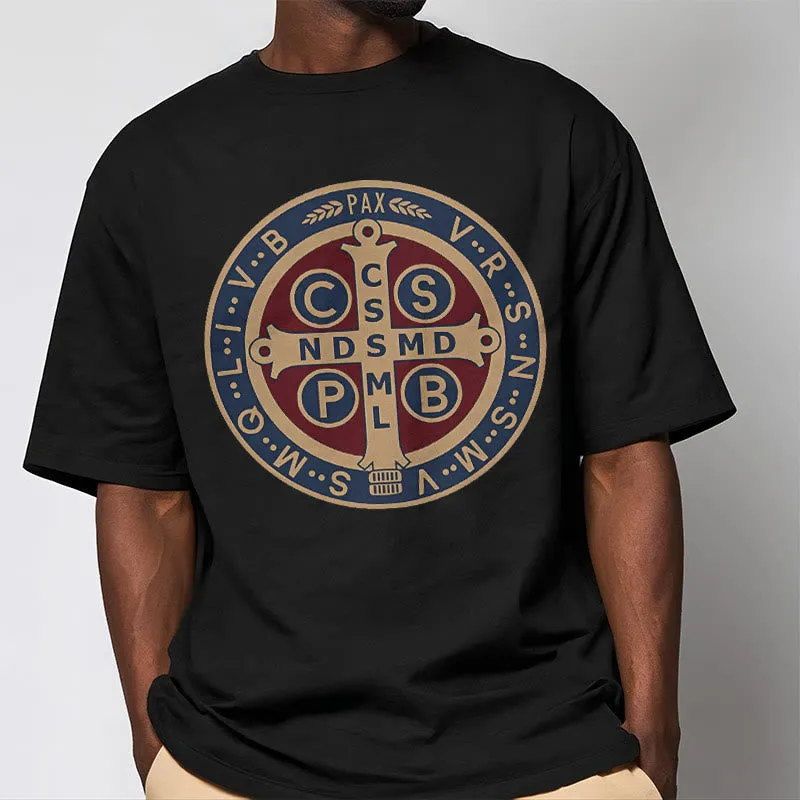 Christianartworkshop Classic Colored Style St. Benedict Protector Icon Short Sleeve T-shirt sold by Christian Art Workshop product image thumbnail 4