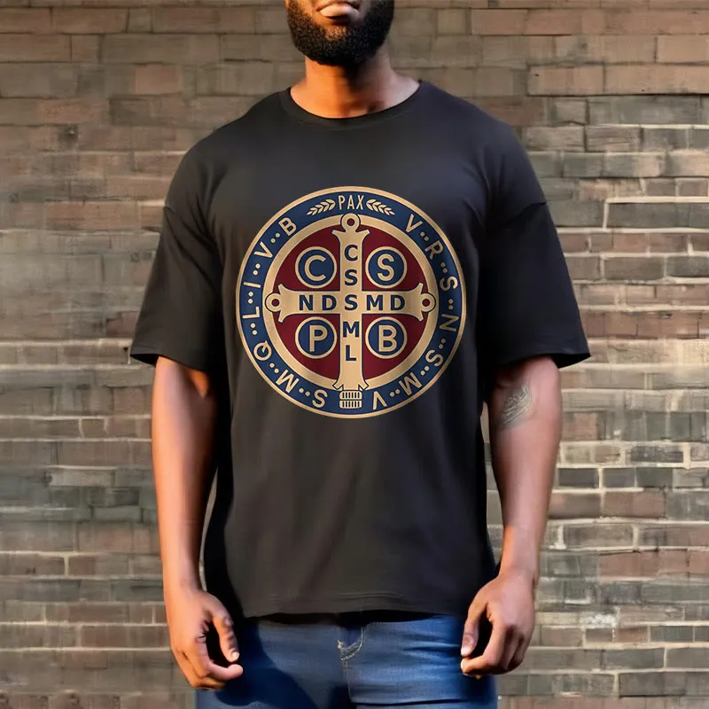 Christianartworkshop Classic Colored Style St. Benedict Protector Icon Short Sleeve T-shirt sold by Christian Art Workshop product image thumbnail 2