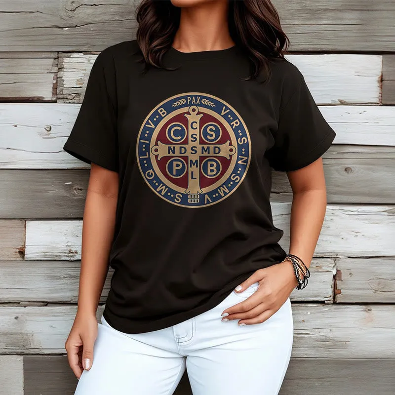 Christianartworkshop Classic Colored Style St. Benedict Protector Icon Short Sleeve T-shirt sold by Christian Art Workshop product image thumbnail 3