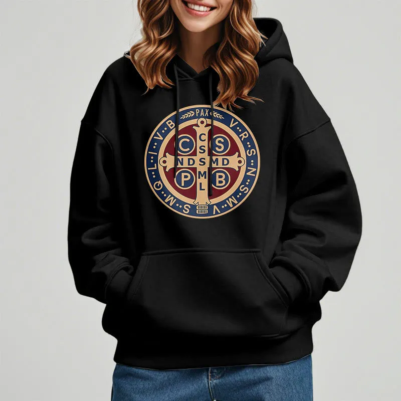 Christianartworkshop Classic Colored Style St. Benedict Protector Fleece Lined Polyester Hoodie sold by Christian Art Workshop product image thumbnail 3