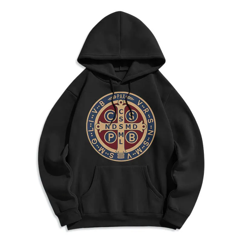 Christianartworkshop Classic Colored Style St. Benedict Protector Fleece Lined Polyester Hoodie sold by Christian Art Workshop