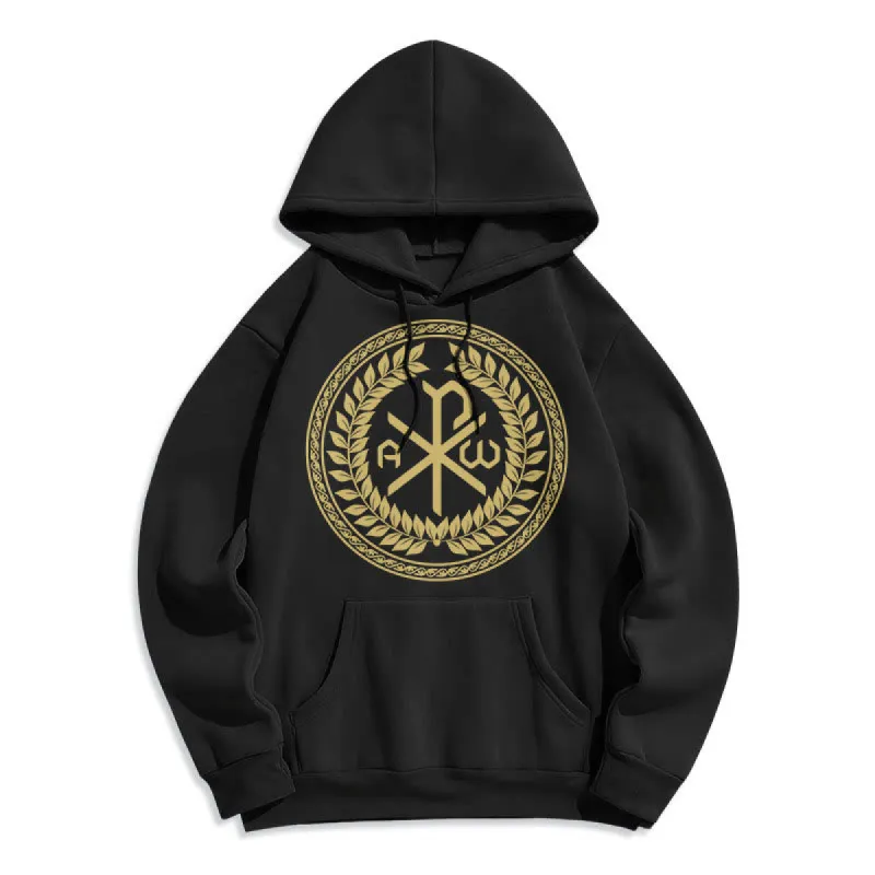 Christianartworkshop Classic Style Sacred Chi-rho Emblem Laurel Wreath Fleece Lined Polyester Hoodie sold by Christian Art Workshop