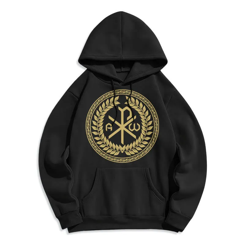 Christianartworkshop Classic Style Sacred Chi-rho Emblem Laurel Wreath Fleece Lined Polyester Hoodie sold by Christian Art Workshop