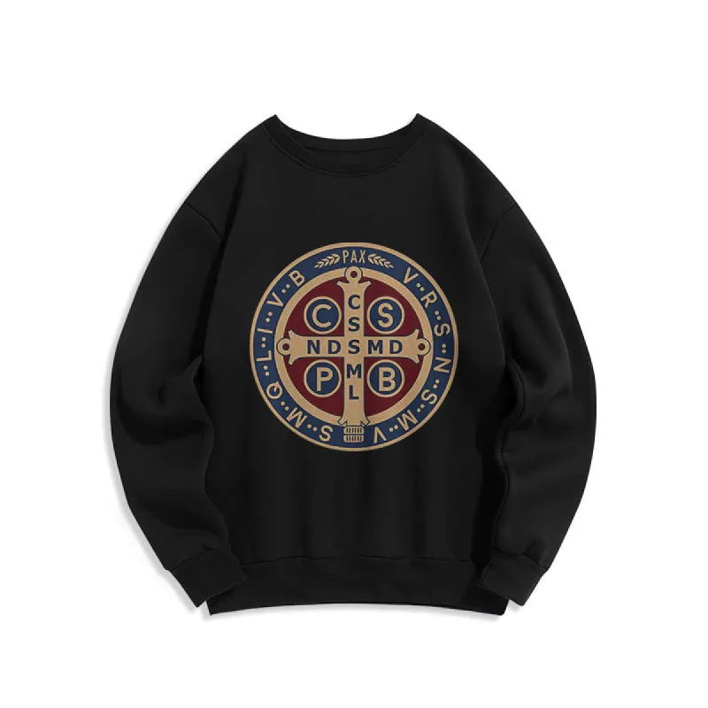 Christianartworkshop Classic Colored Style St. Benedict Protector Fleece Lined Polyester Sweatshirt sold by Christian Art Workshop