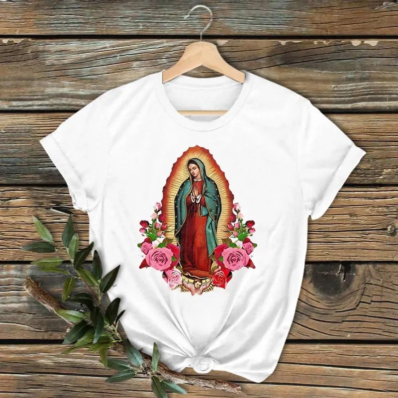 Christianartworkshop Classic Colored Style Our Lady of Guadalupe Short Sleeve Washed T-shirt sold by Christian Art Workshop