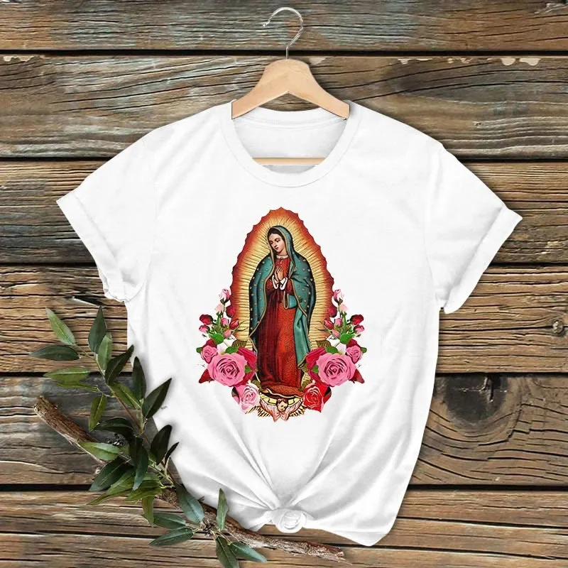 Christianartworkshop Classic Colored Style Our Lady of Guadalupe Short Sleeve Washed T-shirt sold by Christian Art Workshop