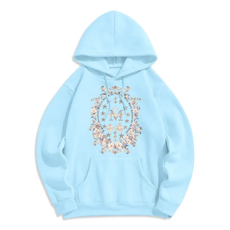 Christianartworkshop Modern Style Floral Cross Virgin Mary Fleece Lined Polyester Hoodie sold by Christian Art Workshop