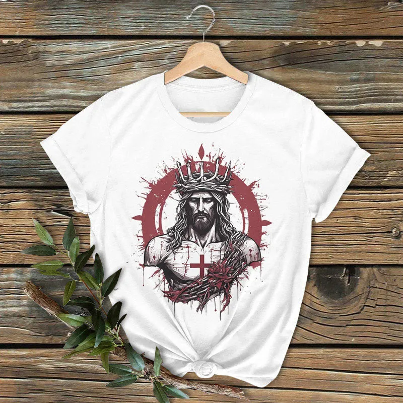 Christianartworkshop Classic Colored Style Crucifixion and Salvation of Jesus Short Sleeve Washed T-shirt sold by Christian Art Workshop