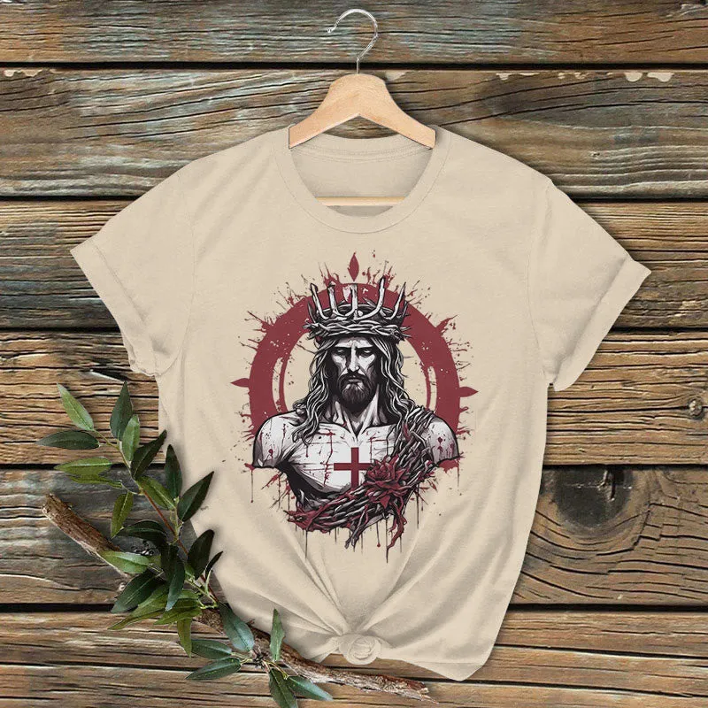 Christianartworkshop Classic Colored Style Crucifixion and Salvation of Jesus Short Sleeve Washed T-shirt sold by Christian Art Workshop product image thumbnail 2