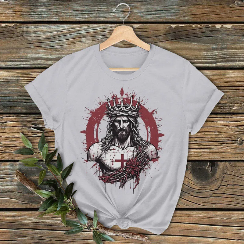 Christianartworkshop Classic Colored Style Crucifixion and Salvation of Jesus Short Sleeve Washed T-shirt sold by Christian Art Workshop product image thumbnail 3
