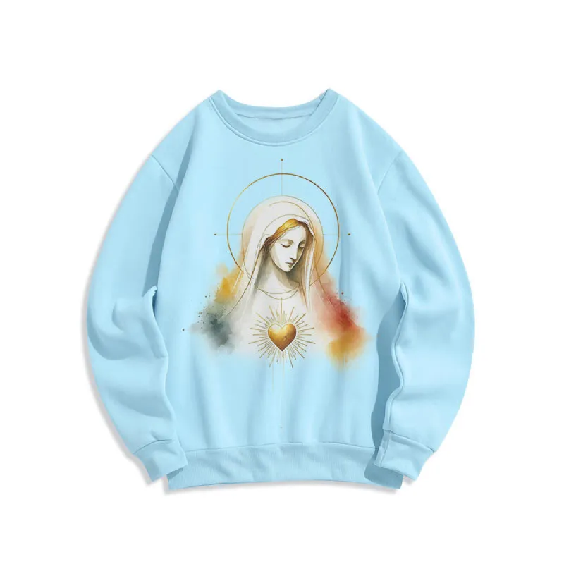 Christianartworkshop Modern Style Halo Sacred Heart Virgin Mary Fleece Lined Polyester Sweatshirt sold by Christian Art Workshop