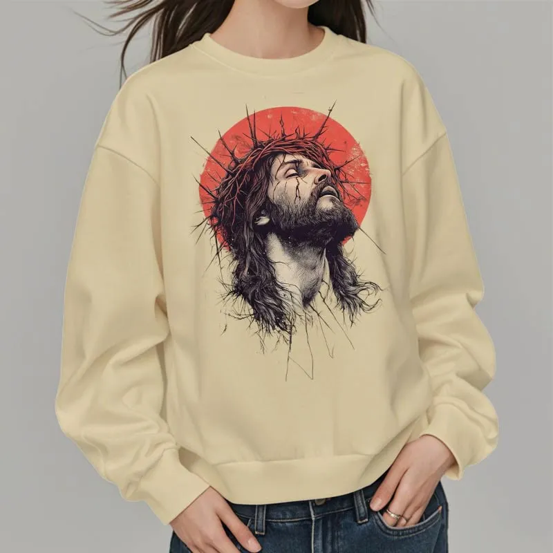 Christianartworkshop Classic Colored Style Jesus Crown of Thorns Fleece Lined Polyester Sweatshirt sold by Christian Art Workshop product image thumbnail 5