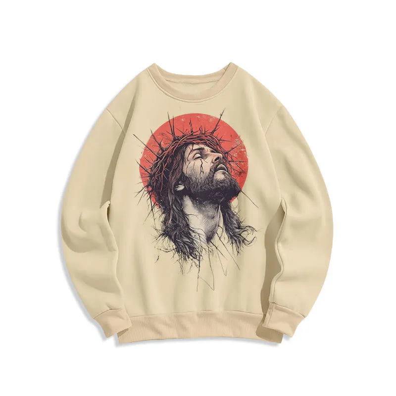Christianartworkshop Classic Colored Style Jesus Crown of Thorns Fleece Lined Polyester Sweatshirt sold by Christian Art Workshop