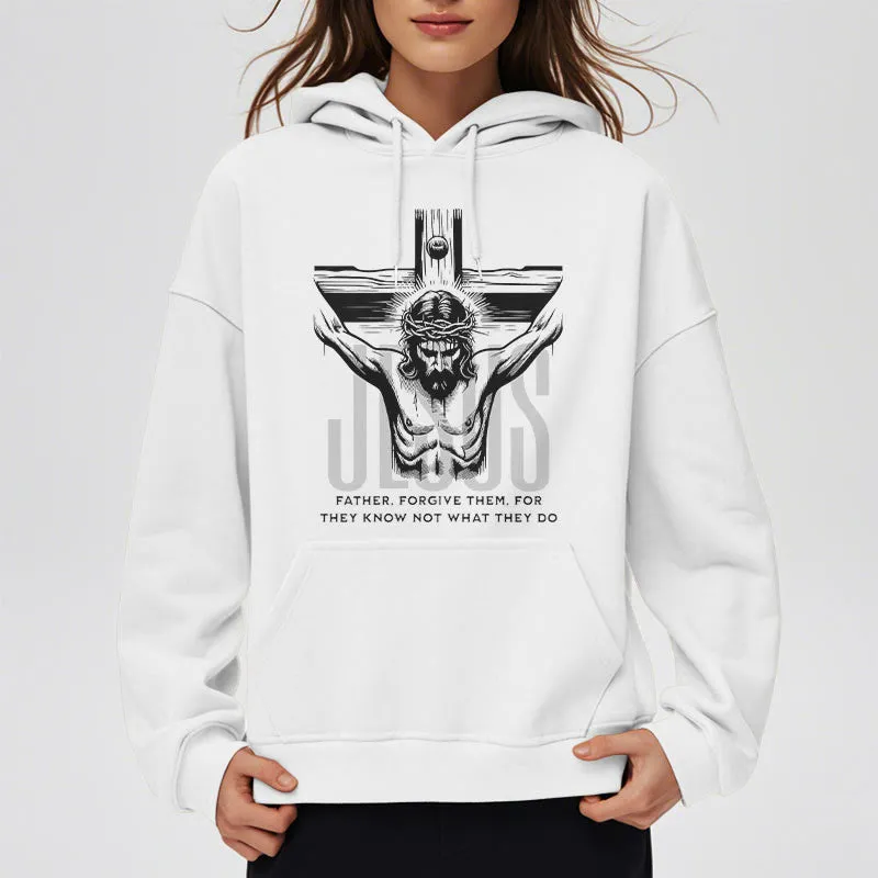 Christianartworkshop Classic Style Father Forgive Them Crucifix Fleece Lined Polyester Hoodie sold by Christian Art Workshop product image thumbnail 4
