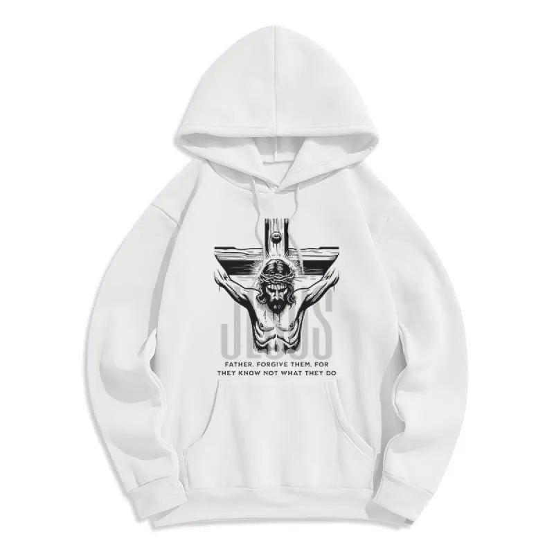 Christianartworkshop Classic Style Father Forgive Them Crucifix Fleece Lined Polyester Hoodie sold by Christian Art Workshop