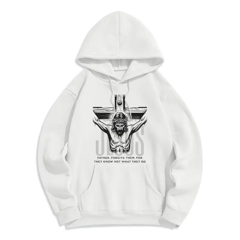 Christianartworkshop Classic Style Father Forgive Them Crucifix Fleece Lined Polyester Hoodie sold by Christian Art Workshop