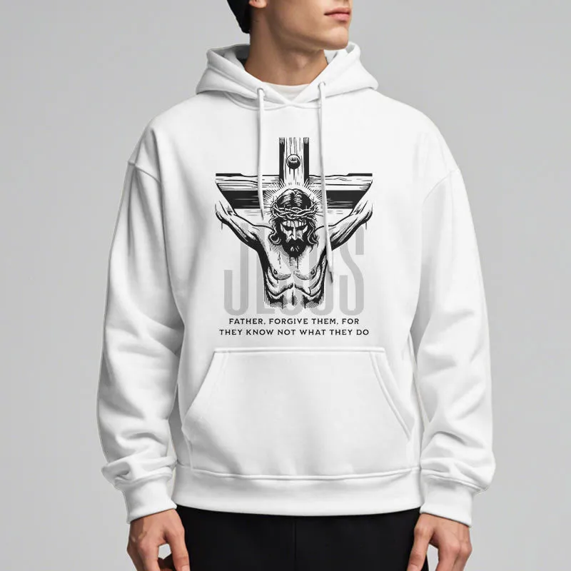 Christianartworkshop Classic Style Father Forgive Them Crucifix Fleece Lined Polyester Hoodie sold by Christian Art Workshop product image thumbnail 3