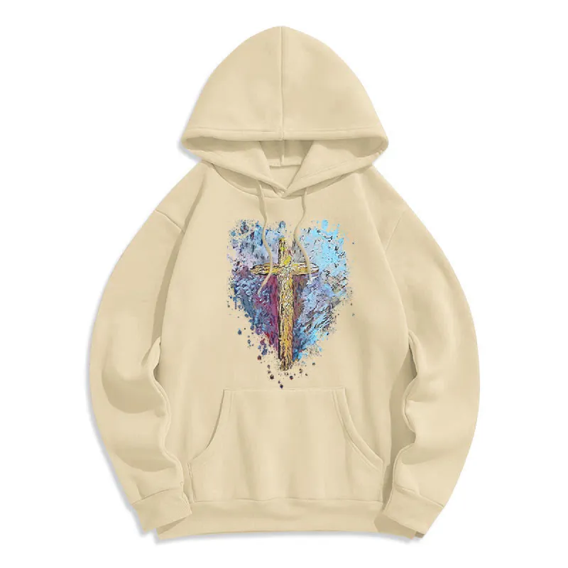 Christianartworkshop Colored Style Radiant Cross Of Hope Fleece Lined Polyester Hoodie sold by Christian Art Workshop