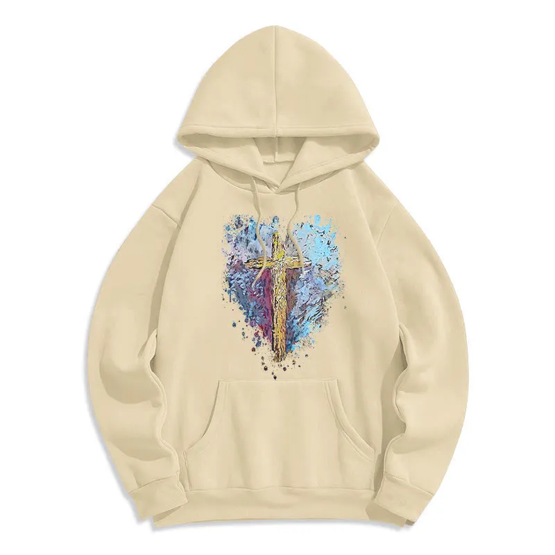 Christianartworkshop Colored Style Radiant Cross Of Hope Fleece Lined Polyester Hoodie sold by Christian Art Workshop