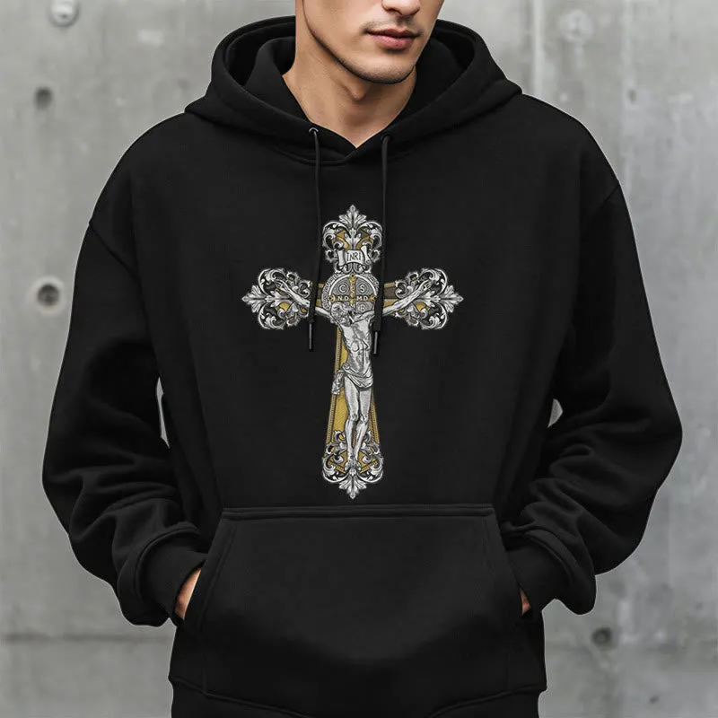 Christianartworkshop Classic Style St. Benedict Cruxifix Faith Fleece Lined Polyester Hoodie sold by Christian Art Workshop product image thumbnail 3
