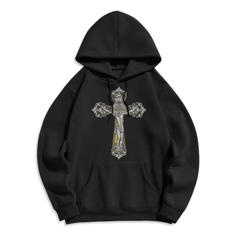 Christianartworkshop Classic Style St. Benedict Cruxifix Faith Fleece Lined Polyester Hoodie sold by Christian Art Workshop