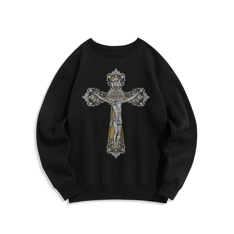 Christianartworkshop Classic Style St. Benedict Cruxifix Faith Fleece Lined Polyester Sweatshirt sold by Christian Art Workshop