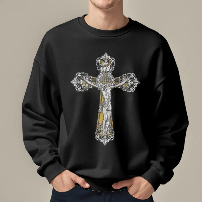 Christianartworkshop Classic Style St. Benedict Cruxifix Faith Fleece Lined Polyester Sweatshirt sold by Christian Art Workshop product image thumbnail 3