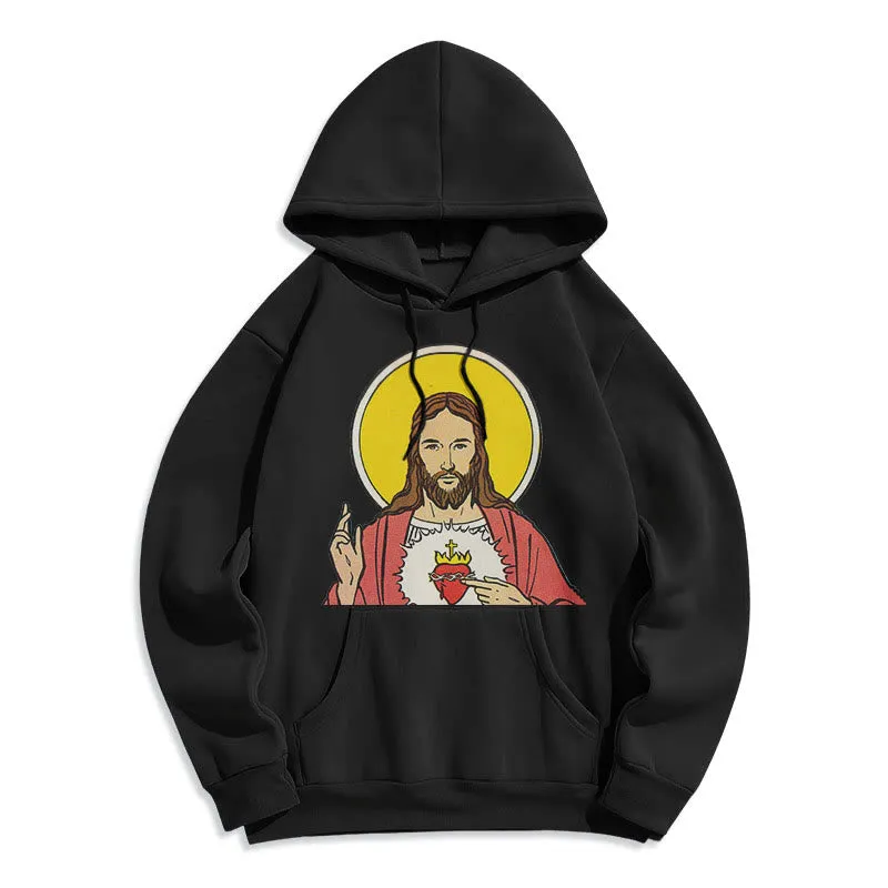 Christianartworkshop Classic Colored Style Sacred Heart Of Jesus Fleece Lined Polyester Hoodie sold by Christian Art Workshop