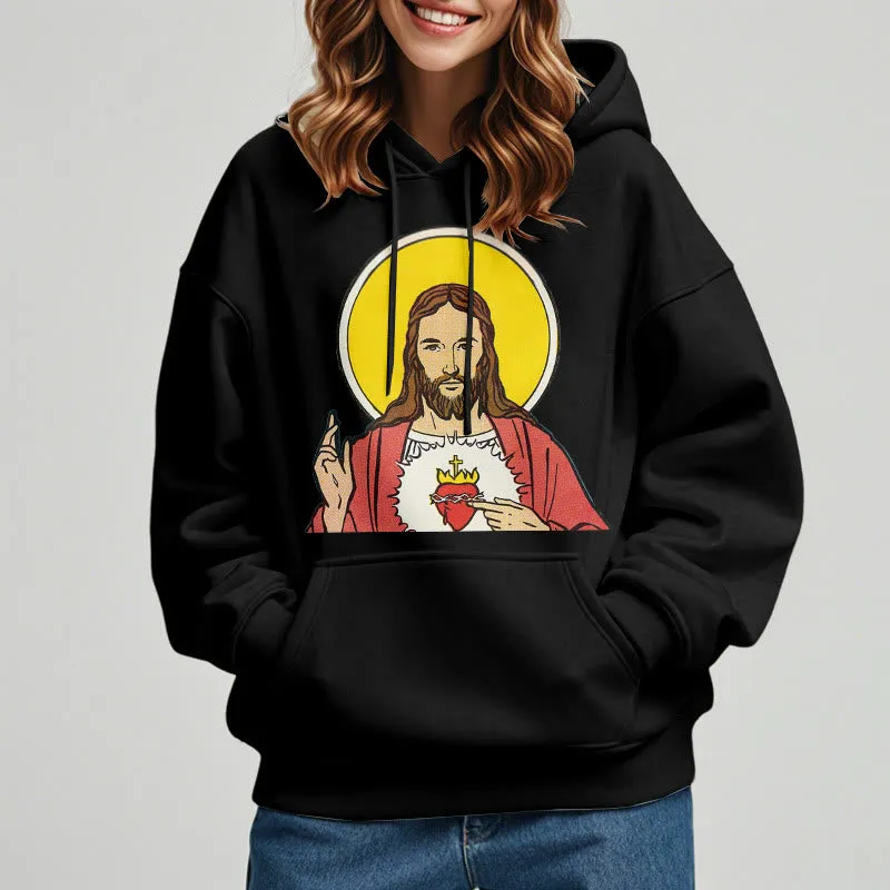 Christianartworkshop Classic Colored Style Sacred Heart Of Jesus Fleece Lined Polyester Hoodie sold by Christian Art Workshop product image thumbnail 2