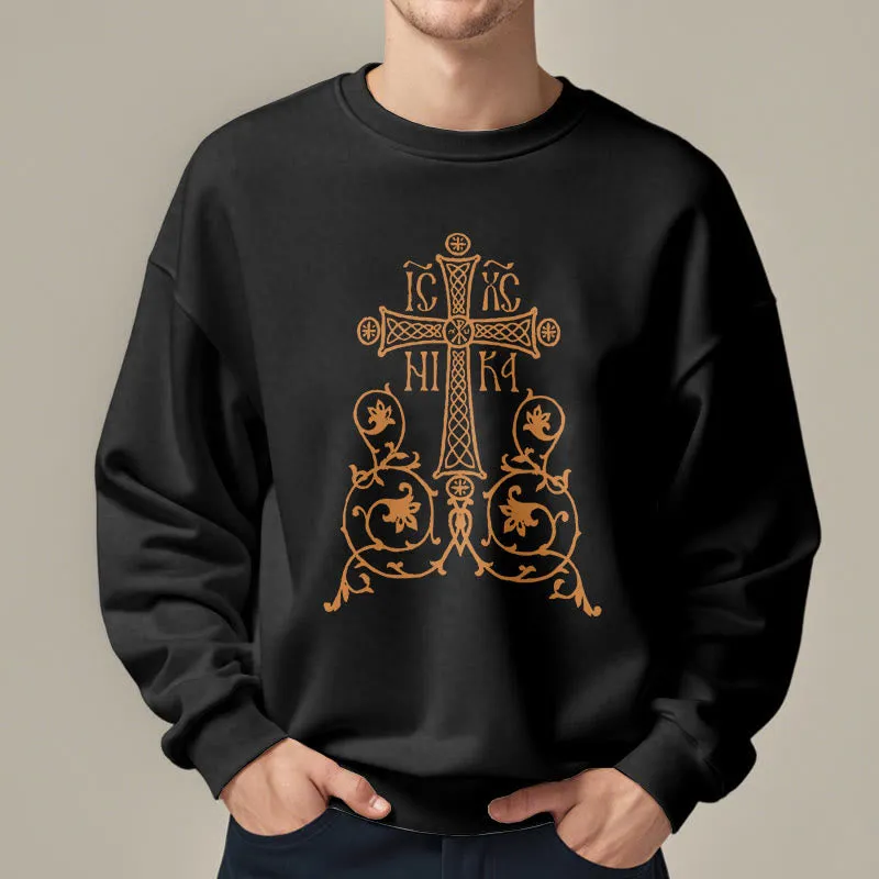Christianartworkshop Classic Style Sacred Cross Emblem Floral Vines Fleece Lined Polyester Sweatshirt sold by Christian Art Workshop product image thumbnail 3