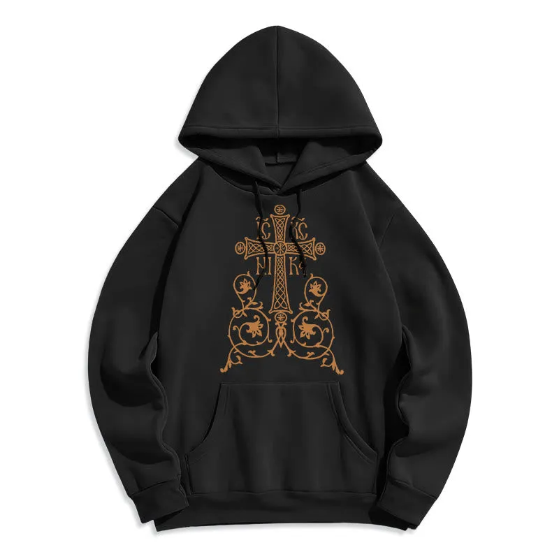 Christianartworkshop Classic Style Sacred Cross Emblem Floral Vines Fleece Lined Polyester Hoodie sold by Christian Art Workshop