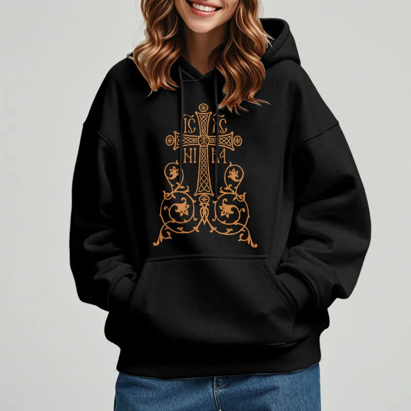 Christianartworkshop Classic Style Sacred Cross Emblem Floral Vines Fleece Lined Polyester Hoodie sold by Christian Art Workshop product image thumbnail 2