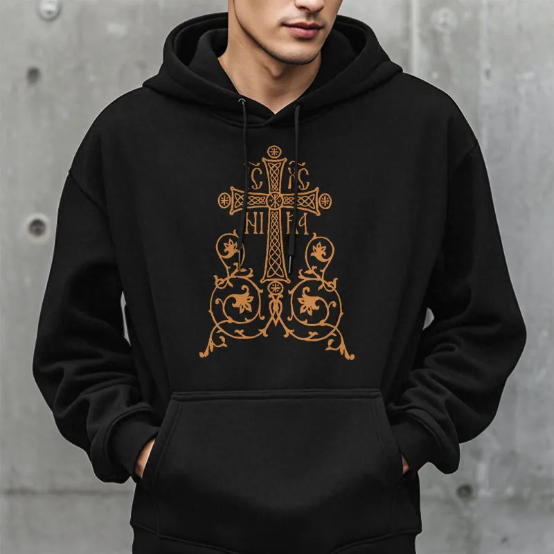 Christianartworkshop Classic Style Sacred Cross Emblem Floral Vines Fleece Lined Polyester Hoodie sold by Christian Art Workshop product image thumbnail 3