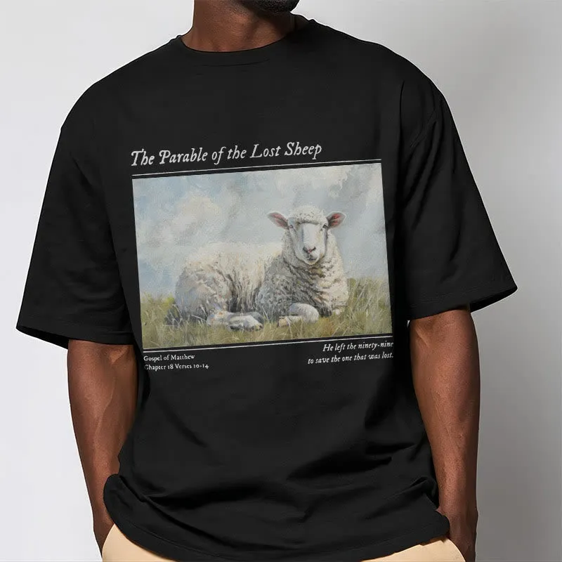 Christianartworkshop Realistic Style Parable of the Lost Sheep Short Sleeve Washed T-shirt sold by Christian Art Workshop product image thumbnail 5